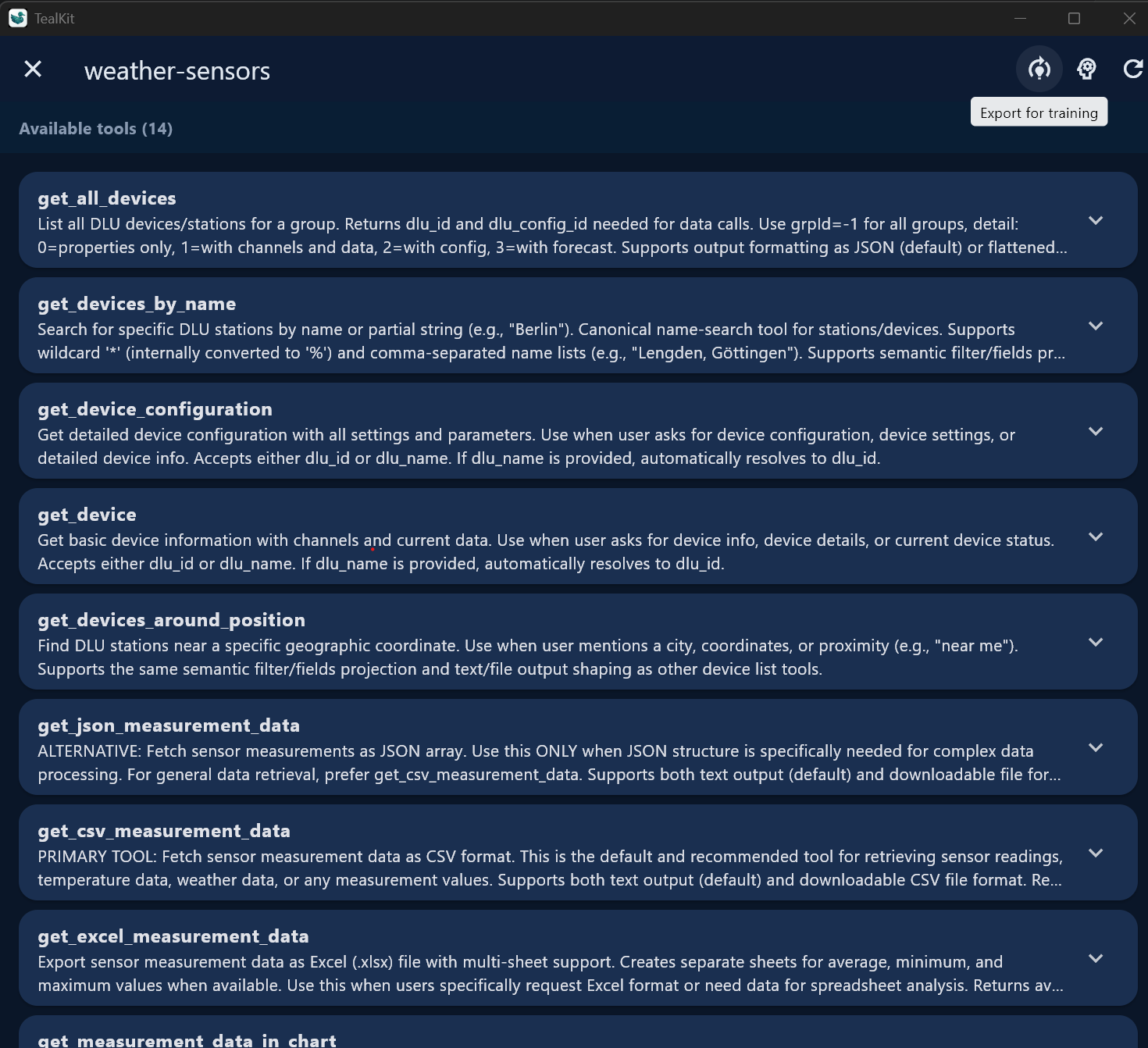 Tool list with Export for training
